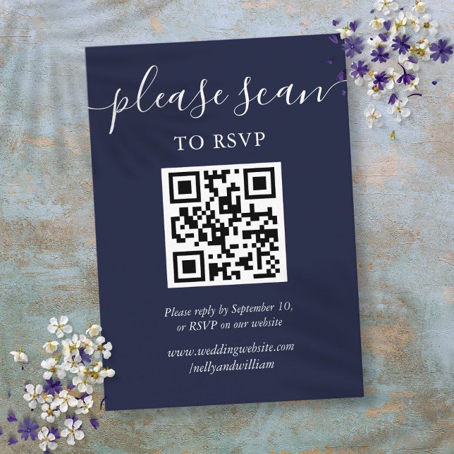 Navy Blue Script Bröllop OSA QR-kod Tilläggskort (Navy Blue Script Wedding RSVP QR Code Enclosure Card)