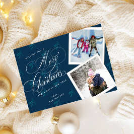 Navy Blue Script Collage God Jul Foto Julkort