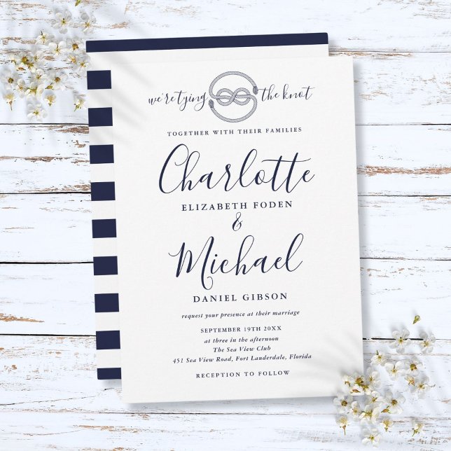 Navy Blue Script Gifter sig Nautical Bröllop Inbjudningar (Navy Blue Script Tying The Knot Nautical Wedding Invitation)