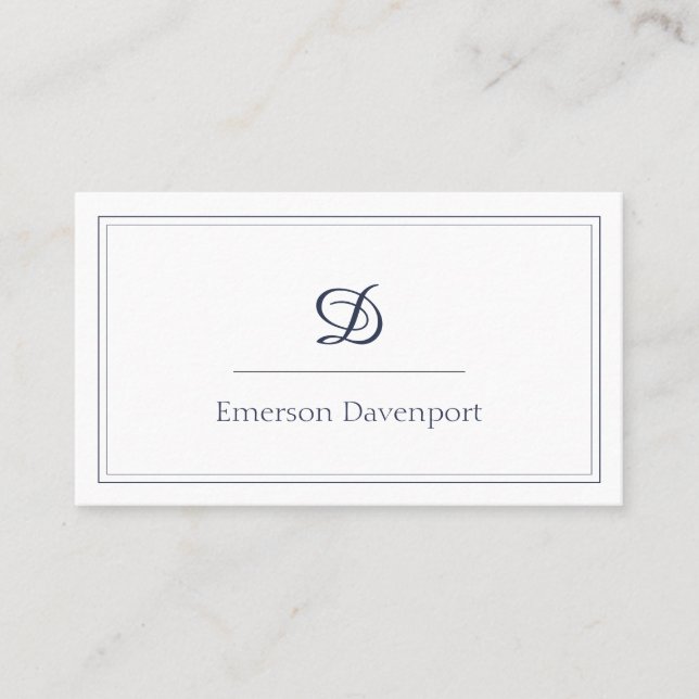 Navy Blue Script Monogram | Minimalistisk Visitkort (Framsida)