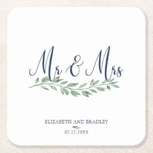 Navy Blue Script MR och MRS Greenery Bröllop Underlägg Papper Kvadrat