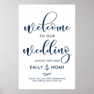 Navy Blue Script Nautical Bröllop Välkommen Sign I Poster