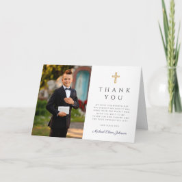 Navy Blue Script Photo Boy First Communion Folded Tack Kort
