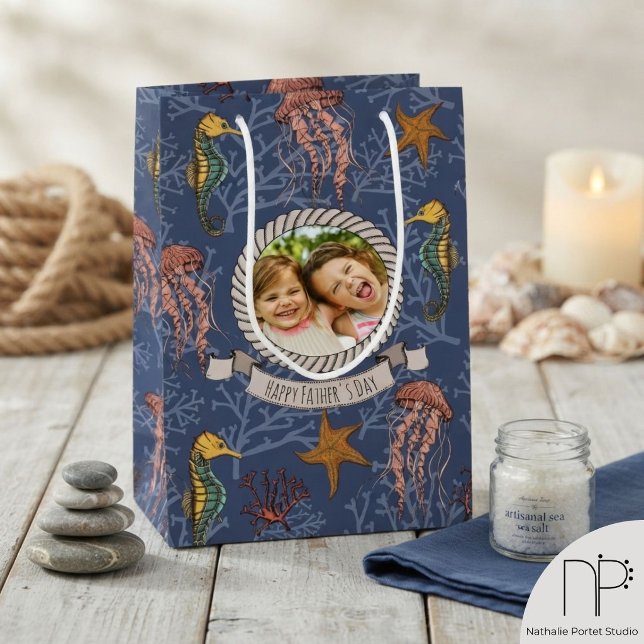 Navy Blue Seahorse Serenade Anpassad Foto & Text (Hand-drawn ink seahorse coral jellyfish nautical navy photo medium gift bag custom marine packaging)