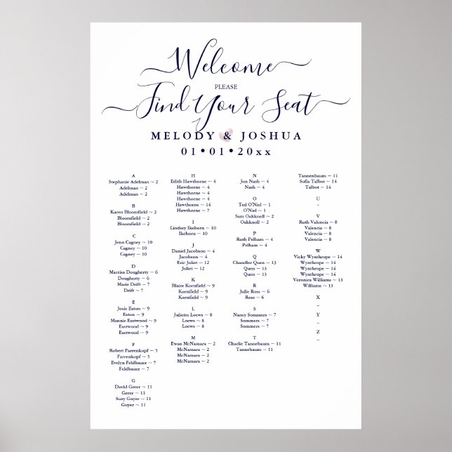 NAVY BLUE SEATCHART, ALFABETISKT POSTER (Framsidan)