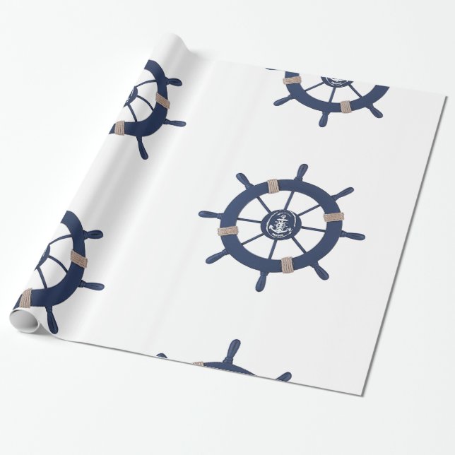 Navy Blue Ship Wheel Nautical Presentpapper (Utrullad)