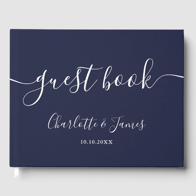 Navy Blue Signature Script Photo Wedding Gästböcker (Framsida)