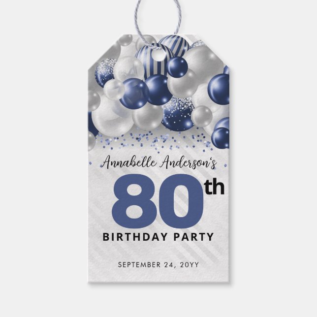 Navy Blue Silver Balloon Glitter favoritfödelsedag Presentetikett (Framsidan)