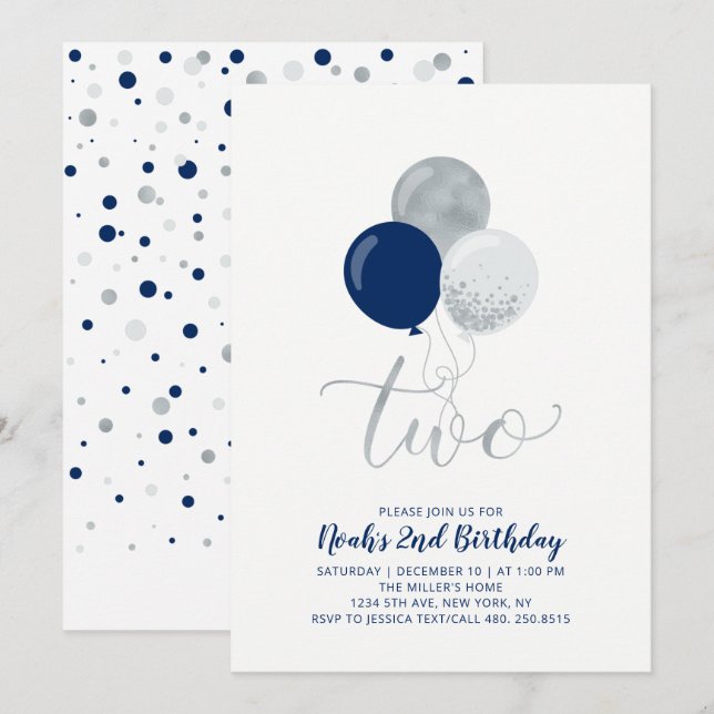 Navy Blue & Silver Balloons Boy 2 Birthday Party Inbjudningar (Fram/baksida)