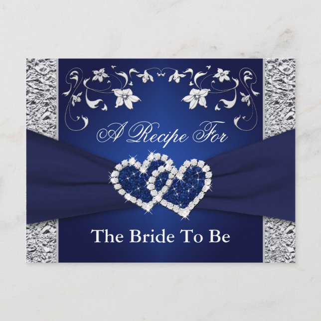 Navy Blue, Silver Blommigt Hearts Recept Card Vykort (Framsida)
