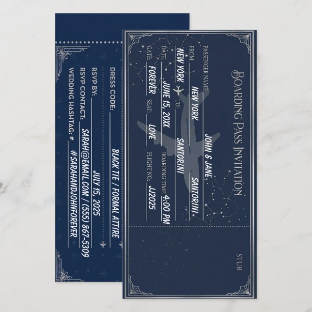 Navy Blue & Silver boardingkort spara datumet (Fram/baksida)