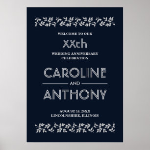 Navy Blue Silver Bröllop-årsdag - välkomsttecken Poster