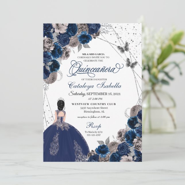Navy Blue & Silver Butterfly Princess Quinceanera Inbjudningar (Stående Fram)
