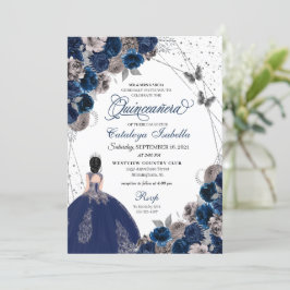 Navy Blue & Silver Butterfly Princess Quinceanera Inbjudningar