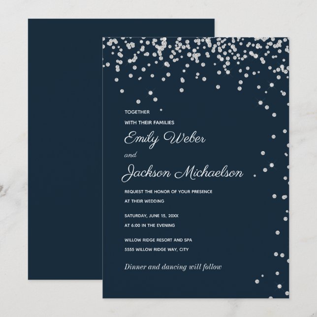 Navy Blue Silver Diamond Konfetti Bröllop Inbjudningar (Fram/baksida)