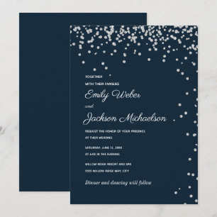 Navy Blue Silver Diamond Konfetti Bröllop Inbjudningar