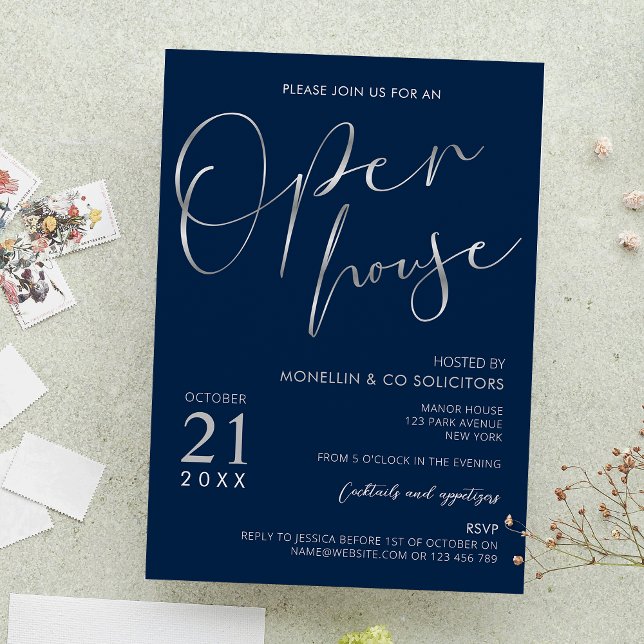 Navy Blue & Silver Elegant Corporate Open House Inbjudningar (Navy blue and faux silver company open house event invitations)