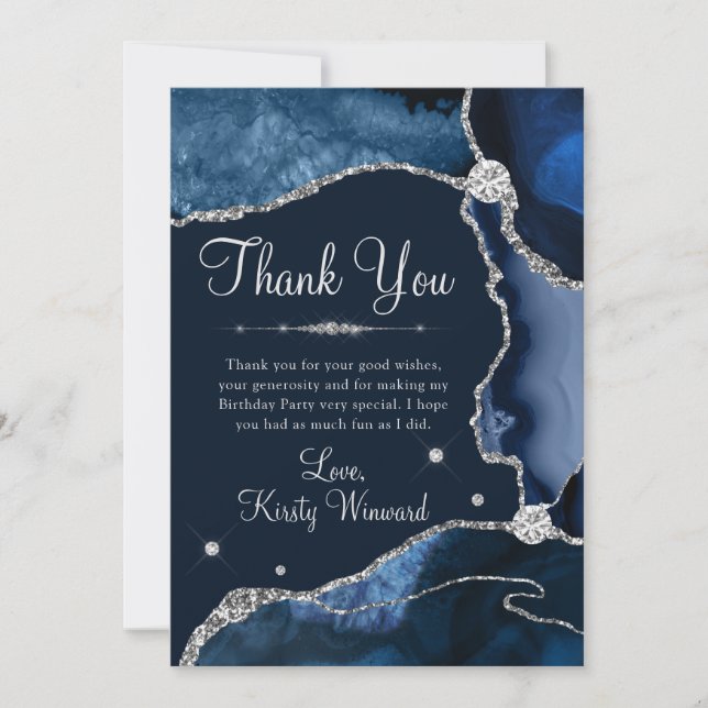 Navy Blue & Silver Falskt Glitter Agat Födelsedag Tack Kort (Framsida)