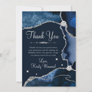 Navy Blue & Silver Falskt Glitter Agat Födelsedag Tack Kort