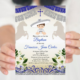 Navy Blue Silver Fiesta Boy Baptism Christening Inbjudningar