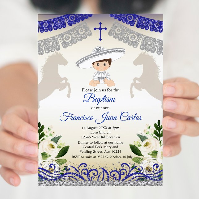 Navy Blue Silver Fiesta Boy Baptism Christening Inbjudningar (Skapare uppladdad)