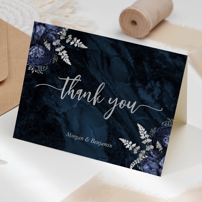 Navy Blue Silver Floral Script Wedding Tack Kort (Skapare uppladdad)