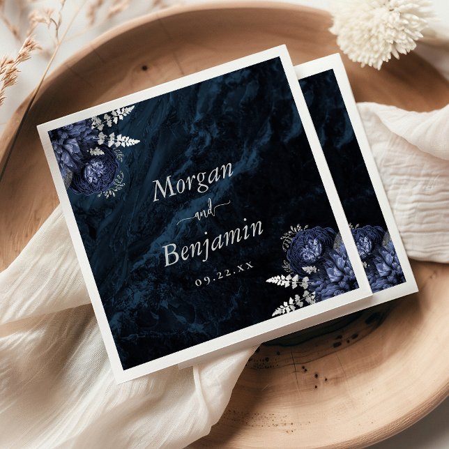Navy Blue Silver Floral Wedding Pappersservett (Skapare uppladdad)