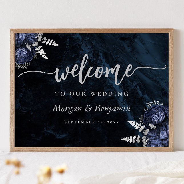 Navy Blue Silver Floral Wedding Welcome Poster (Skapare uppladdad)