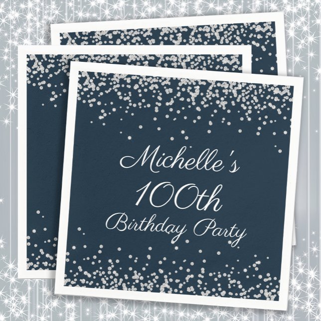 Navy Blue Silver Glitter 100-årsfest Pappersservett (Navy blue and silver glitter custom 100th birthday party paper napkins)