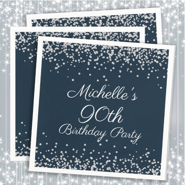 Navy Blue Silver Glitter 90-årsfest Pappersservett (Navy blue and silver glitter 90th birthday party paper napkins)