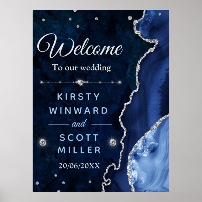 Navy Blue & Silver Glitter Agate & marmor Bröllop  Poster (Framsidan)