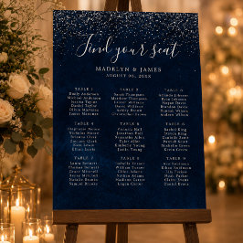 Navy Blue Silver Glitter Bröllopsplatskarta Poster