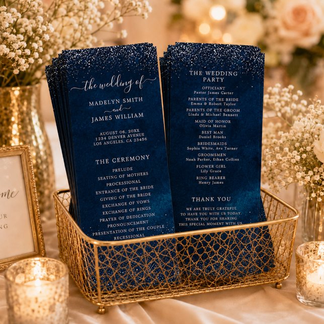 Navy Blue Silver Glitter Stjärnklar Bröllopsfest Program (Skapare uppladdad)