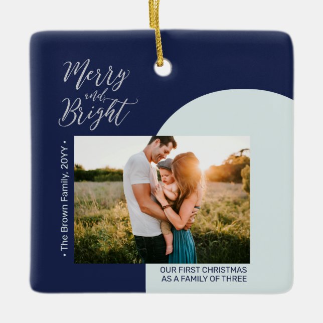 Navy Blue & Silver Modern Photo Julfamilj Julgransprydnad Keramik (Framsida)