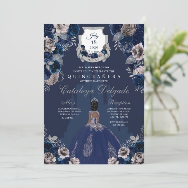 Navy Blue & Silver Princess Castle Quinceañera Inbjudningar (Stående Fram)