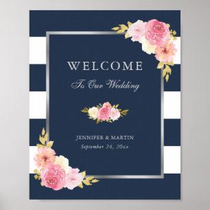 Navy Blue Silver Rosa Blommigt Bröllop Välkomstsky Poster