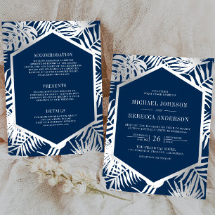 Navy Blue Silver Tropisk Palm All in One Bröllop Inbjudningar