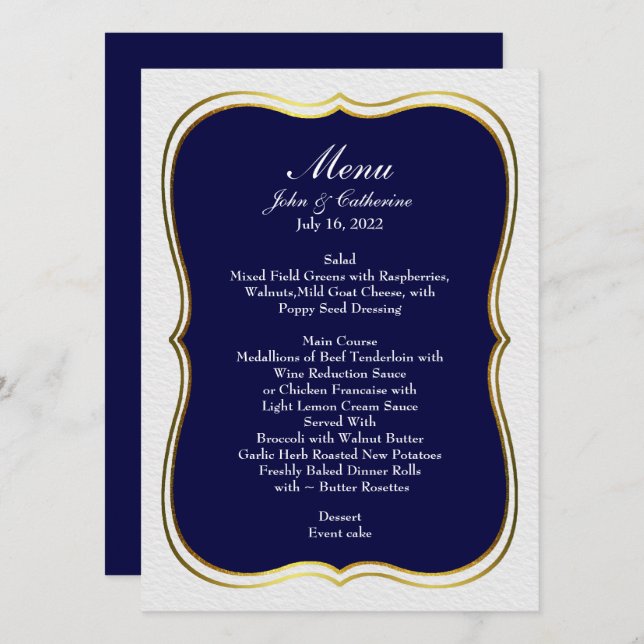 Navy Blue Simple Elegance Bröllop Menu Meny (Fram/baksida)