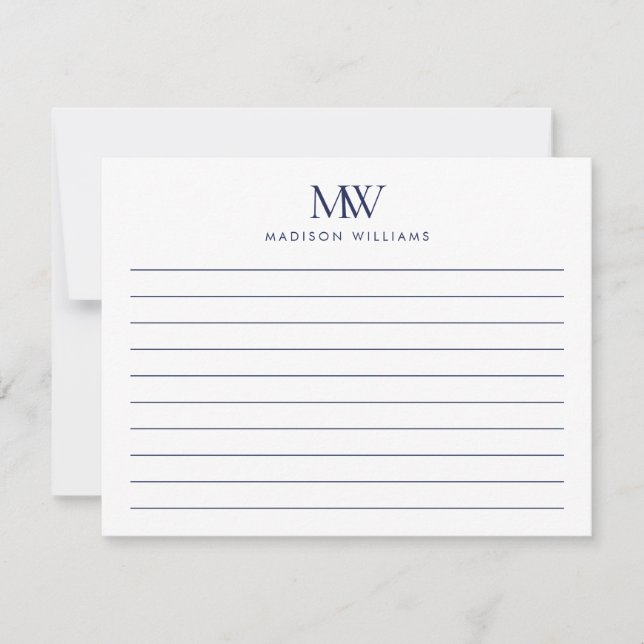 Navy Blue Simple Elegant Modern Monogram Anteckningskort (Framsida)