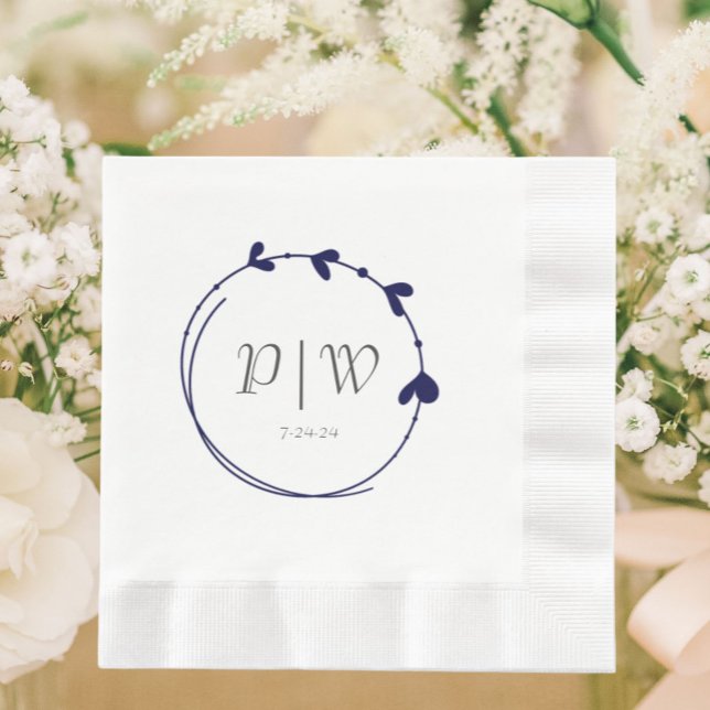 Navy Blue Simple Heart WAN Monogram Bröllop Pappersservett (In Situ Wedding)