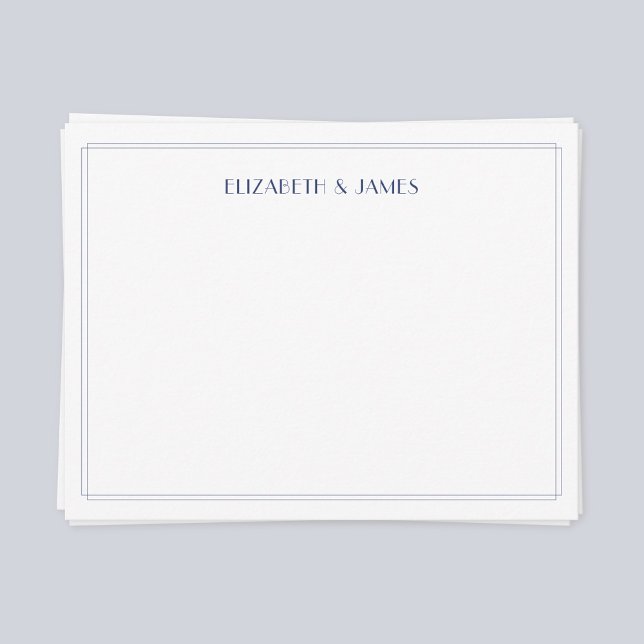 Navy Blue Simple Modern Art Deco par Namn Anteckningskort (Navy blue double border modern art deco couple note card)