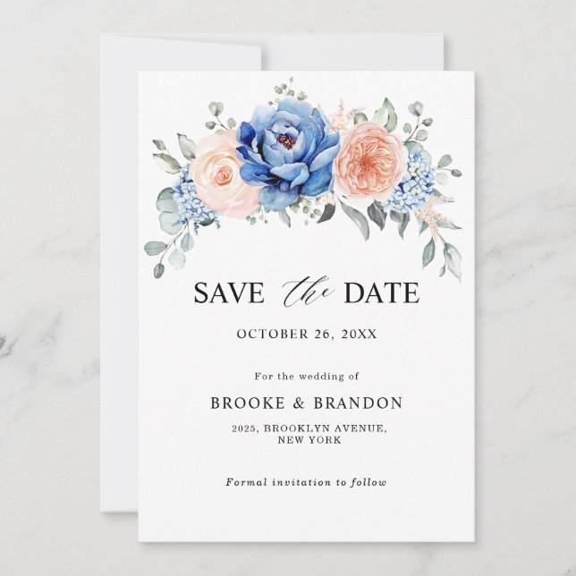 Navy Blue Skiffer Dusty Blush Rosa Bröllop  Spara Datumet (Framsida)