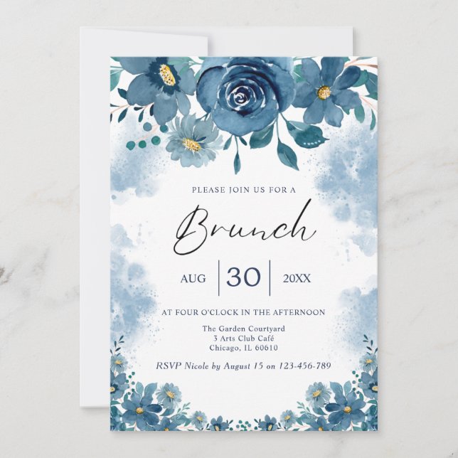Navy Blue Smoke Blommig Brunch Inbjudan (Framsida)