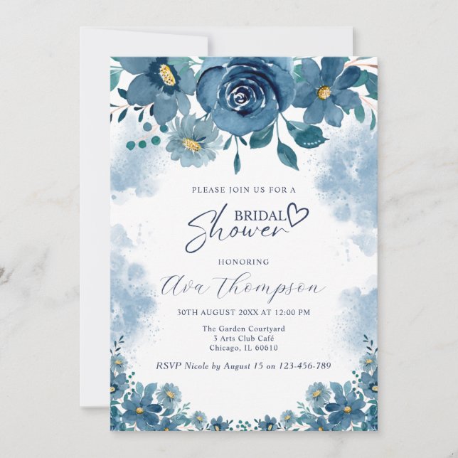 Navy Blue Smoke Floral Bridal Shower Invitation Inbjudningar (Framsida)