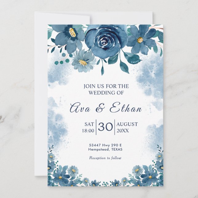 Navy Blue Smoke Floral Wedding Invitation Inbjudningar (Framsida)
