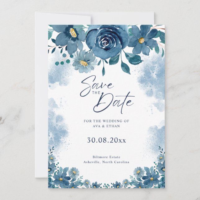 Navy Blue Smoke Floral Wedding Save The Date Inbjudningar (Framsida)