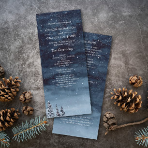 Navy Blue Snowy Winter Night Wonderland Bröllop Program
