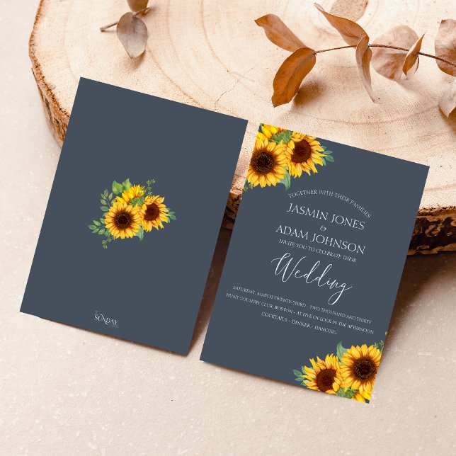 Navy Blue Solros Boho Bröllop Inbjudningar (Rustic Yellow and Navy Blue Sunflower Boho Wedding Invitation)