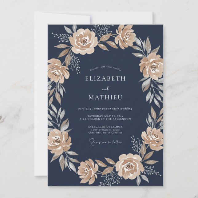 Navy Blue Sophisticated Botanical Wedding Inbjudningar (Framsida)