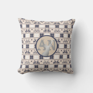 Navy Blue Stag Folk Art Mönster Monogram Initialer Kudde